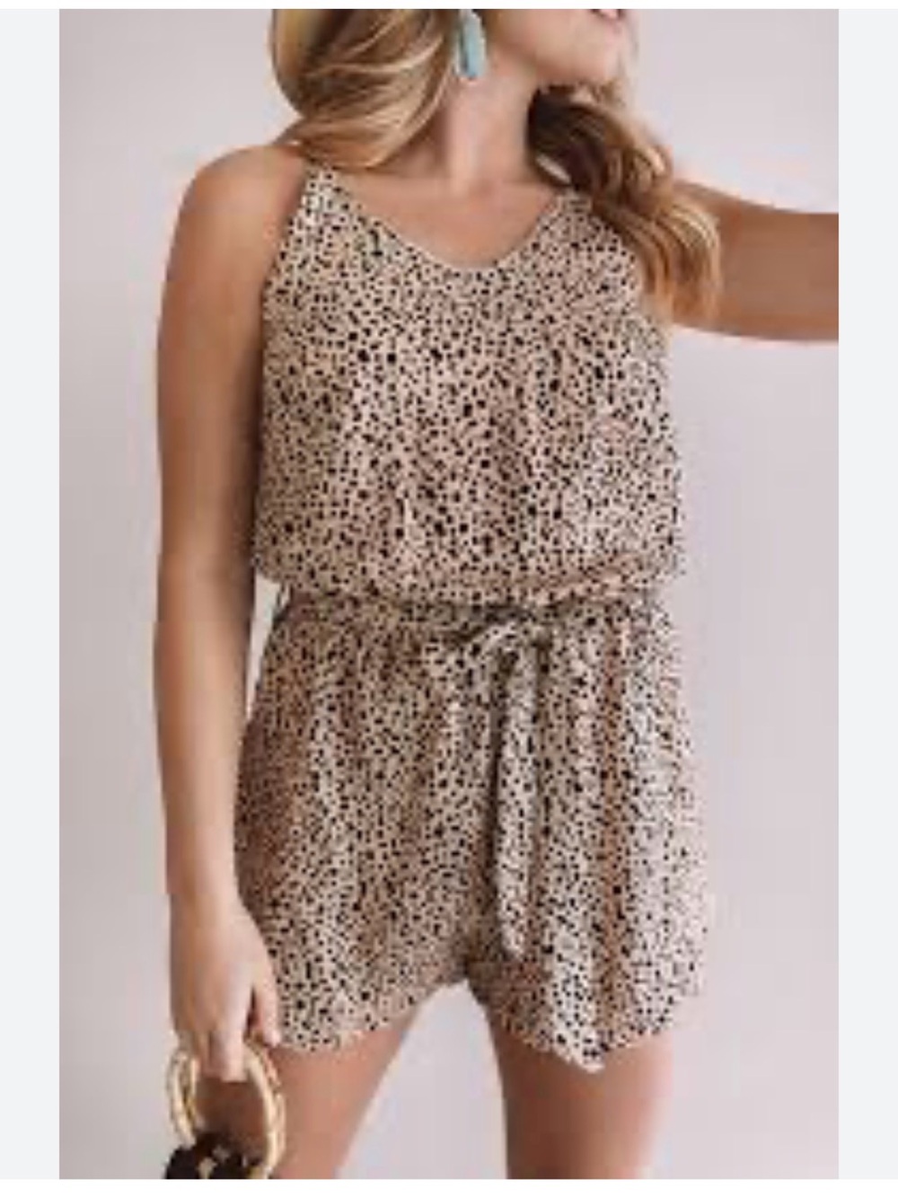 Pink Lily Beige and Black Printed Sleeveless Romper with Tie Waist